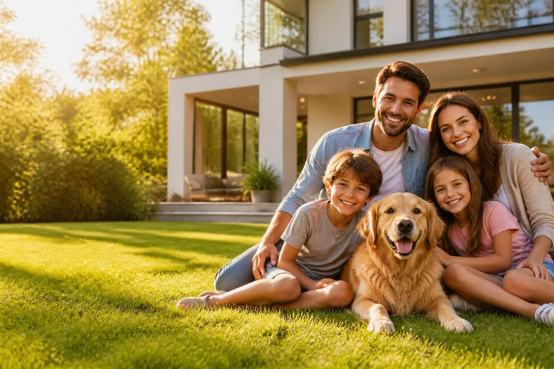 Happy family with their dog outside a home protected by Service Giant