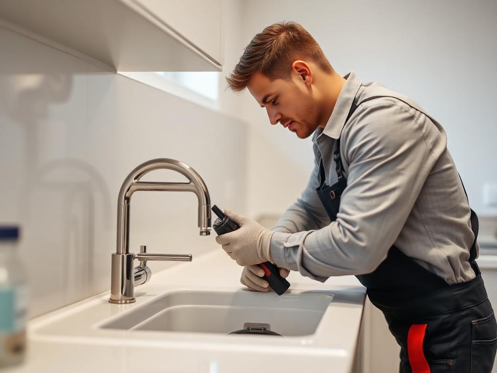 Plumber fitting pipework under a sink during a plumbing repair
